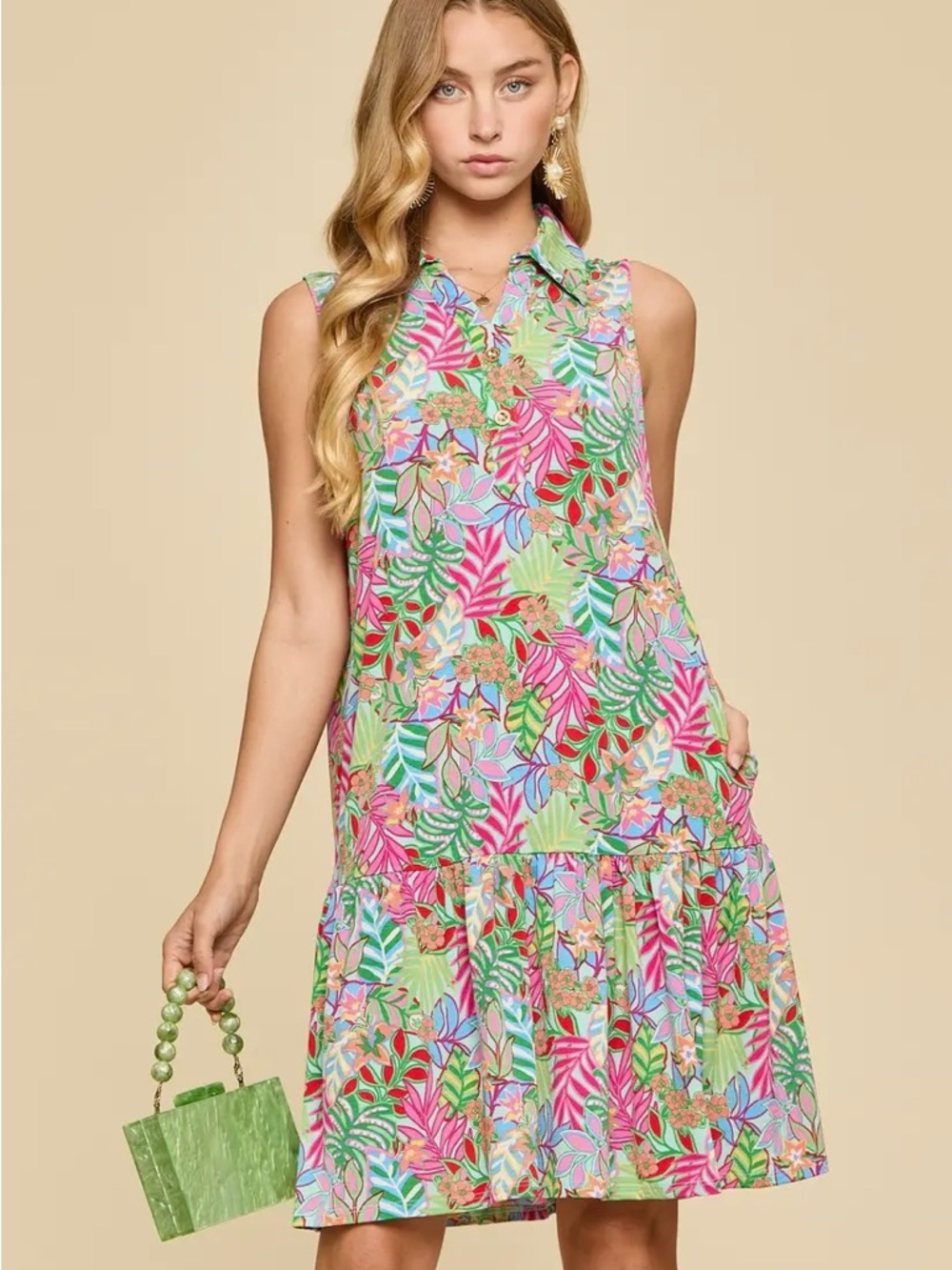 Dear Scarlet Green/Pink Multi Tropical Print Collared Summer Midi Dress